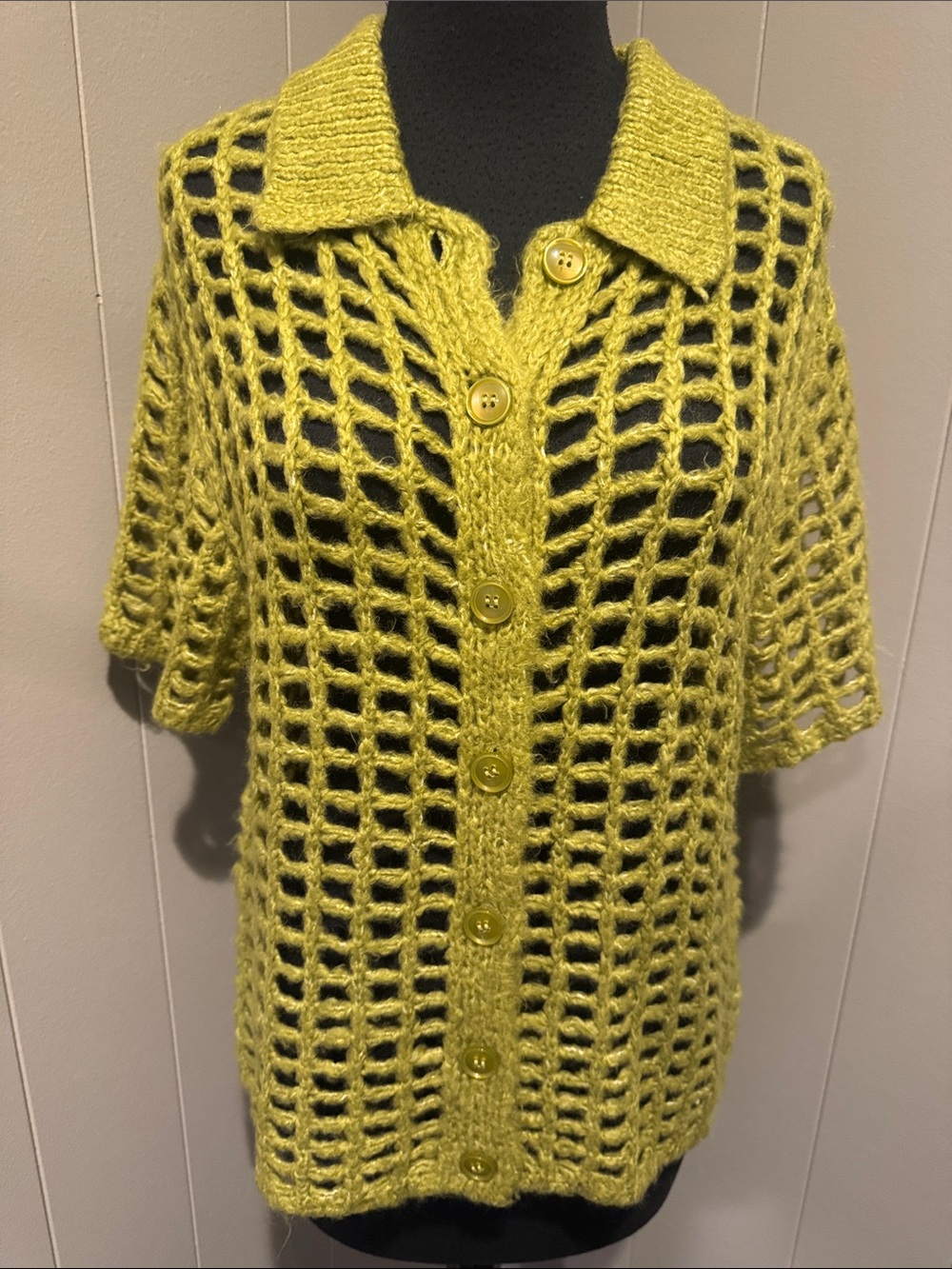 BDG Osaka Open-Knit Polo Sweater from Urban Outfitters. Chartreuse.